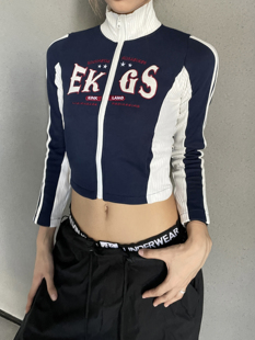 辣妹复古机车字母螺纹短外套运动上衣开衫 辣到中暑Bella同款 美式