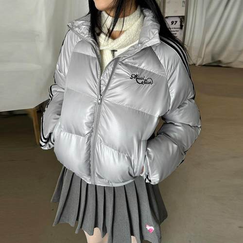 美式辣妹拉链银色棉服宽松外套潮