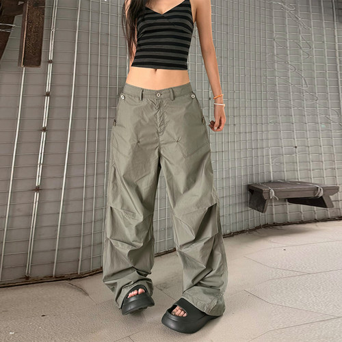 美式复古工装风褶皱阔腿裤军绿色
