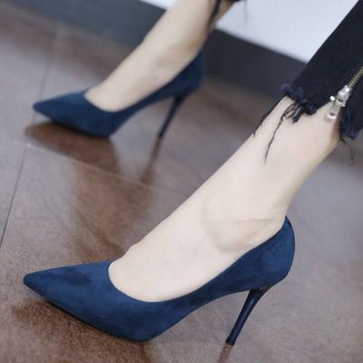套脚欧美简约蓝色绒面时尚高跟鞋