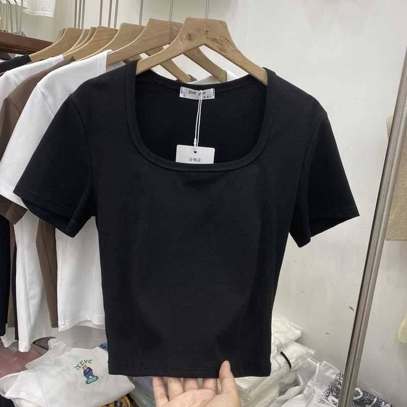正肩方领纯棉短袖女设计感小众百搭短款t恤夏天露锁骨上衣修身ins