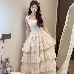 重工多裙摆连衣裙女白色海边度假长裙 花园轻舞度假长裙 法式