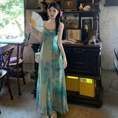 绿色鱼尾吊带连衣裙女夏季