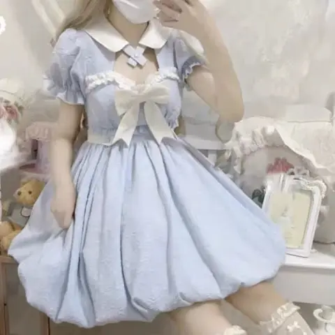 泡泡袖蝴蝶结JK连衣裙女夏季初中高中学生学院风在逃公主少女裙子