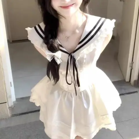 海军领学院风白色连衣裙女夏季法式初恋公主蓬蓬裙收腰小个子短裙