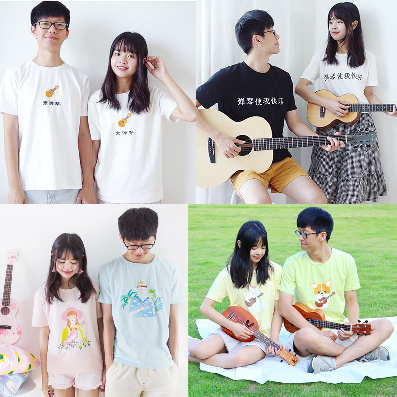 原创设计尤克里里T恤可爱小清新文艺青年纯棉圆领黑白彩色