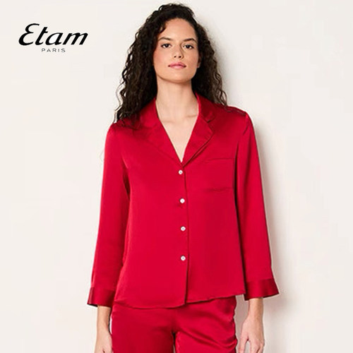 Etam长袖睡衣女时尚豹纹透气翻领开衫春秋家居服套装W324DL1303