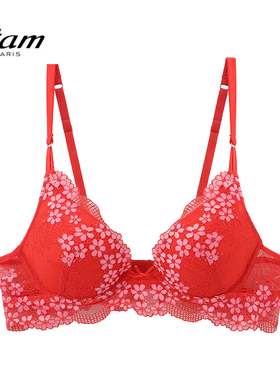 Etam艾格法式性感蕾丝文胸舒适聚拢红色内衣女花卉刺绣W123DI0118