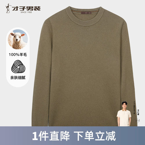 才子纯羊毛男士圆领保暖毛衣