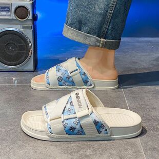 外穿青少年印花初中小学生一字拖鞋 男生夏季 迷彩凉拖鞋 38小码