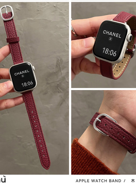 适用于s10苹果apple手表带S11新年红真皮s9金属iwatch7/8代/se2/3