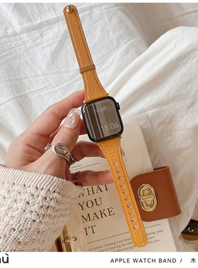 适用于s10苹果applewatch手表带s9小蛮腰钉扣iwatch78代真皮se2