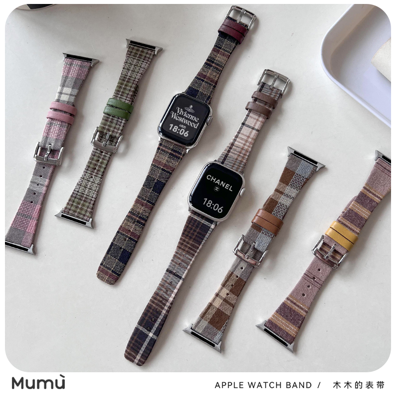 适用于s10苹果applewatch手表带冬季布格纹s9真皮带iwatch78代se2