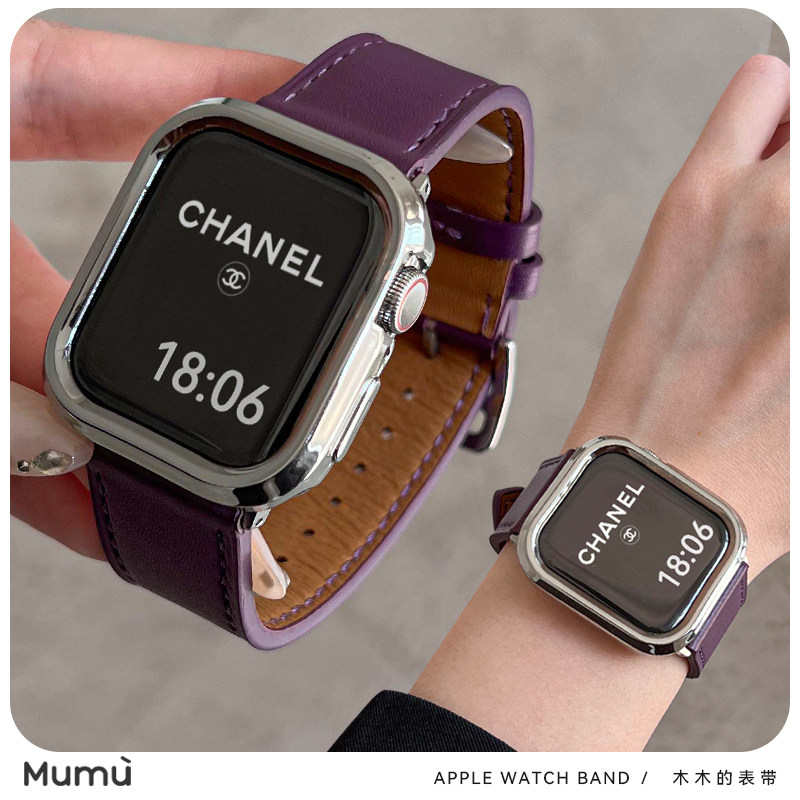 适用于s10苹果applewatch手表带冬季缝线s9真皮带iwatch78代壳se2图片