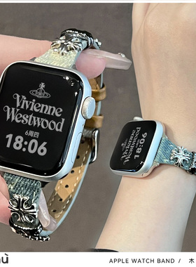 适用于s10苹果applewatch手表带细牛仔布s9克罗心iwatch女78代se2