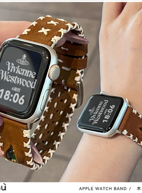 适用于s10苹果applewatch手表带翻毛皮猫眼缝线s9女iwatch78代se2