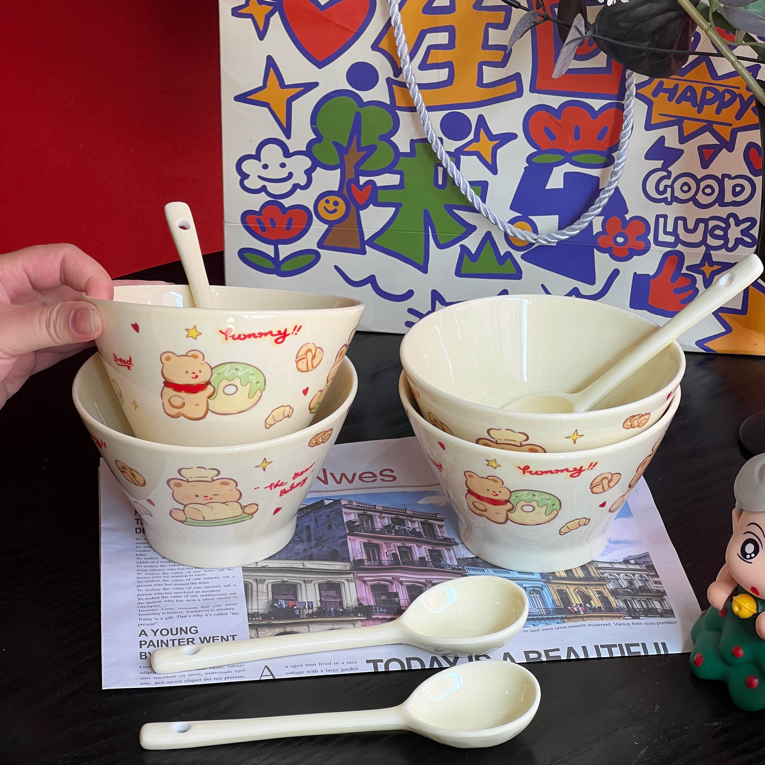 可爱小碗斗笠碗餐具套装高颜值碗陶瓷个人专用碗汤面碗卡通甜品碗
