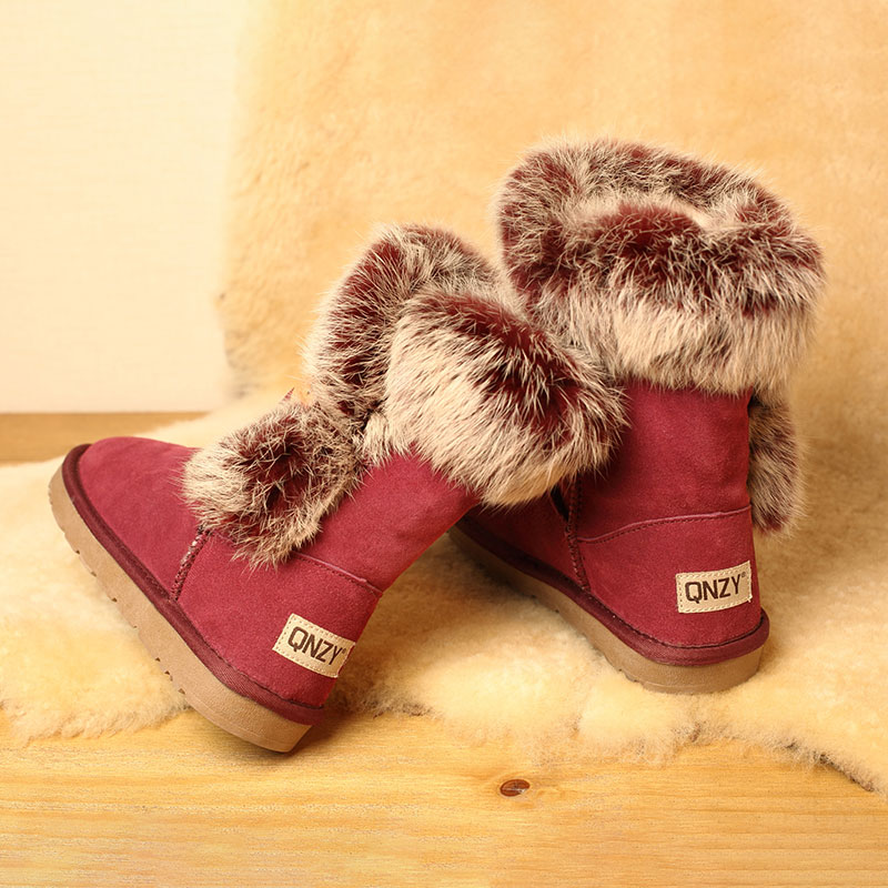 QNZY新款雪地靴女中筒真皮纽扣兔毛靴子冬季加绒加厚保暖棉鞋