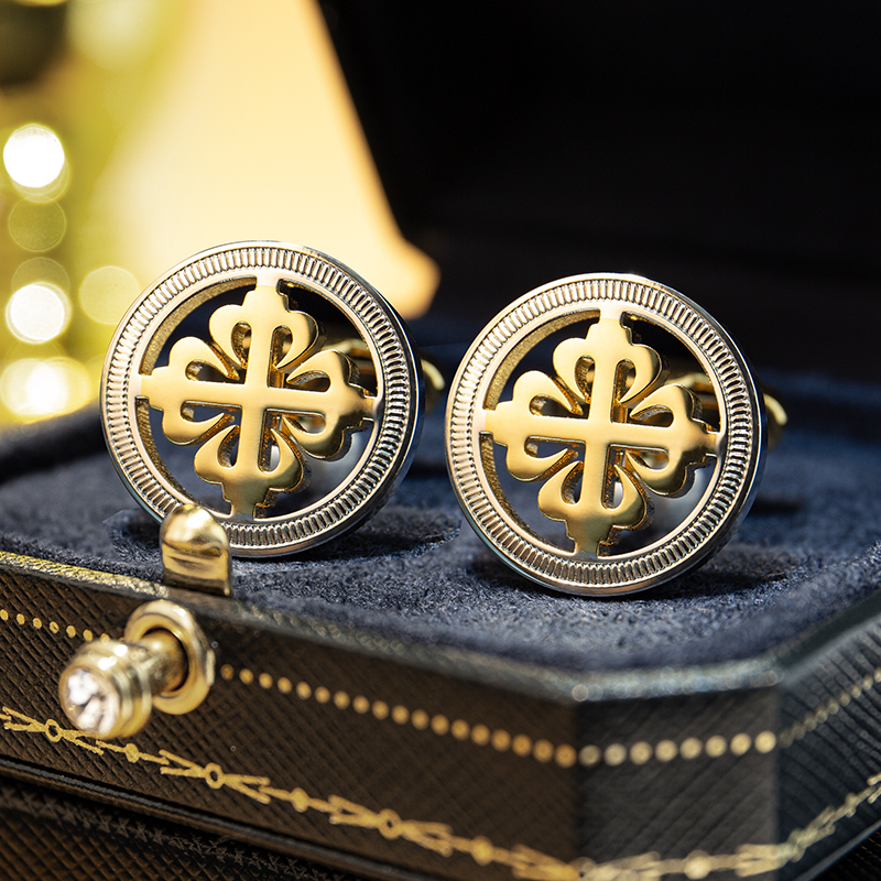 新款金银撞色袖扣高级简约时尚鸢尾花法式衬衫袖口钉男士轻奢定制