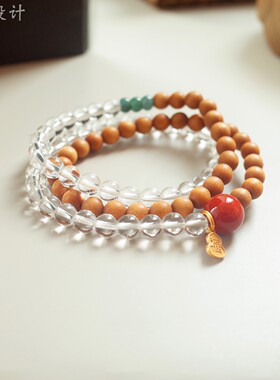 【初心】青绿原创手链纯银福字南红项链两戴款女小众水晶木质手串