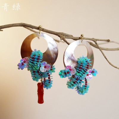 【一路生花】青绿原创设计新中式国风耳环喜庆新娘不对称旗袍耳夹