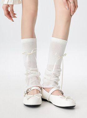 白色纯棉袜套蝴蝶结女童袜miu系白色系y2k腿套夏季薄款长袜堆堆袜