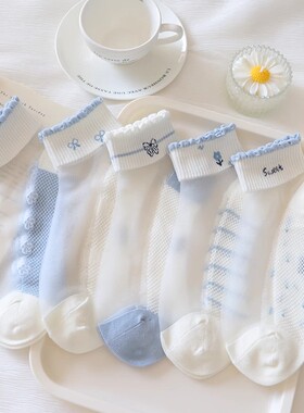 儿童夏季袜子玻璃丝短袜卡通网眼透气超薄女童学生蓝色水晶袜子女