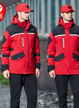 R56应急救援棉外套冬季加厚红色棉袄大衣反光道路交通保暖防寒服