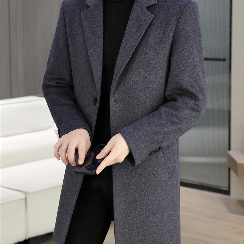 秋冬季加棉加厚中长款羊毛呢大衣男商务休闲保暖西装呢子风衣外套