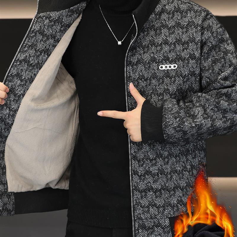 秋冬季立领加绒呢子夹克男士高端休闲时尚加厚保暖短款毛呢外套潮