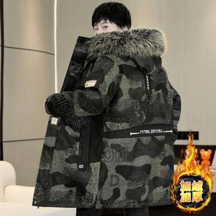 中长款带毛领派克服男士秋冬季加绒加厚连帽迷彩夹克冬装棉衣外套