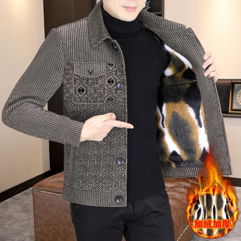 冬季新款翻领呢子夹克男士加绒加厚韩版修身保暖休闲短款毛呢外套