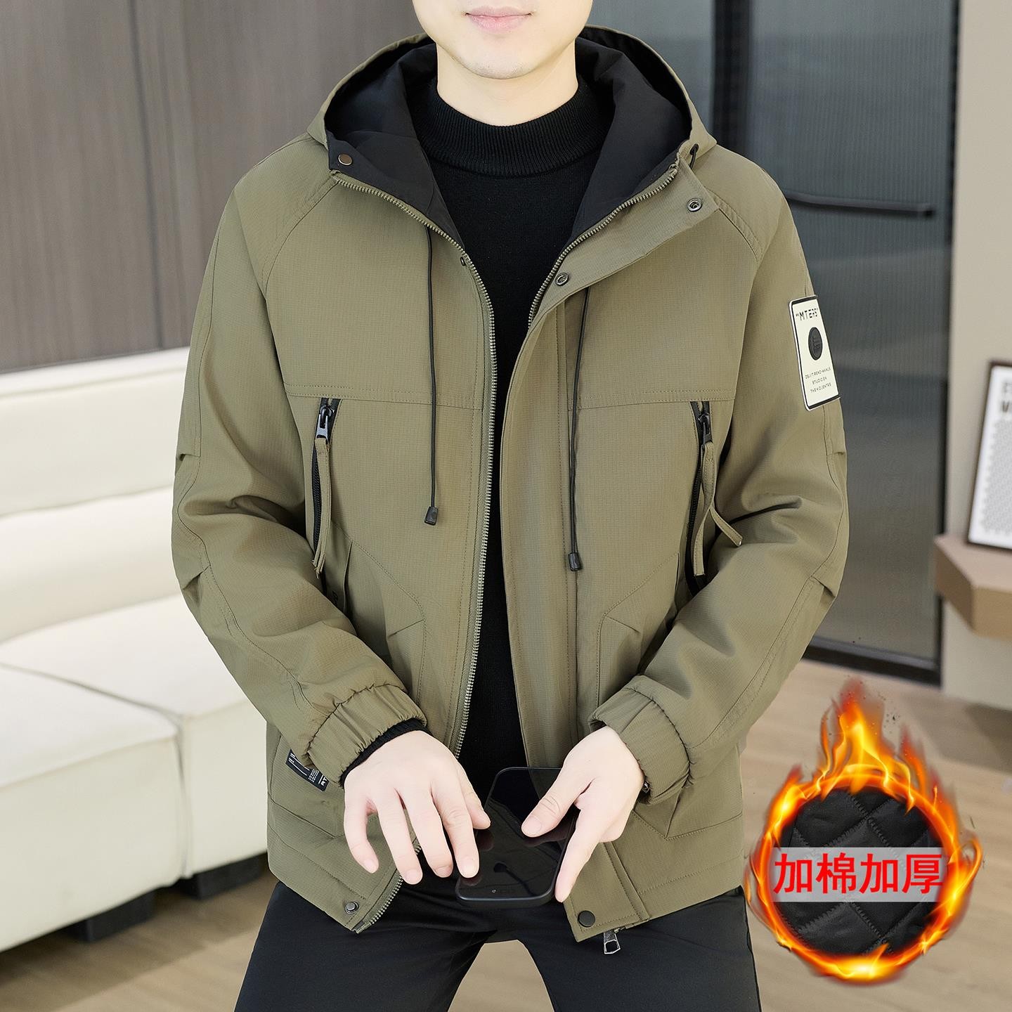 冬季新款连帽工装夹克男士加棉加厚保暖二棉外套潮牌休闲防寒棉服