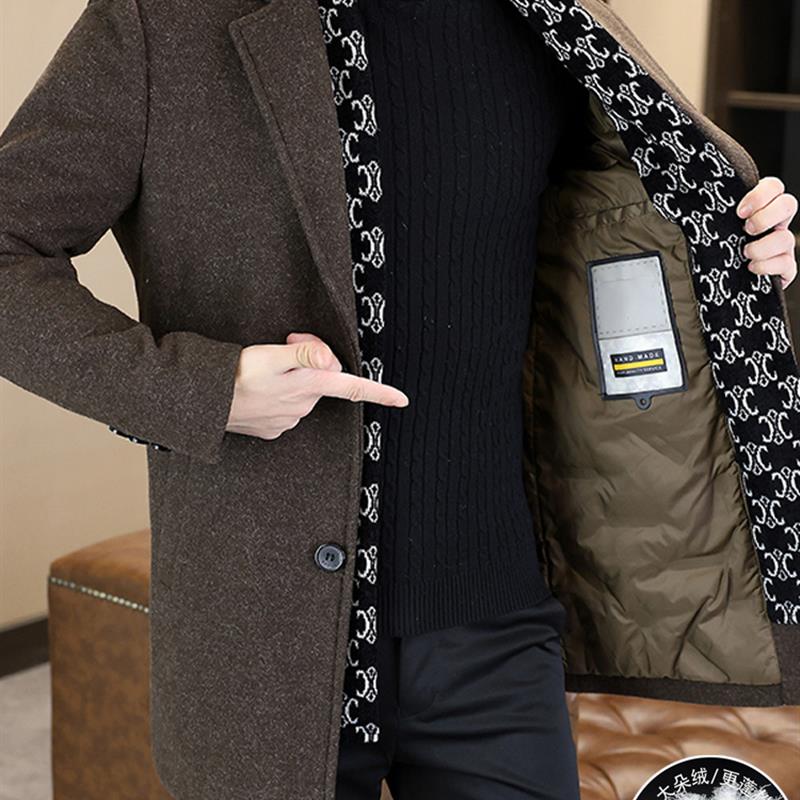 冬季中长款毛呢大衣男西装领加厚休闲保暖轻薄羽绒服呢子风衣外套