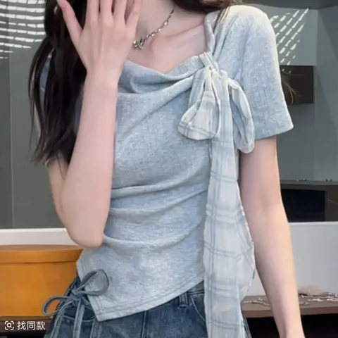 正遮肚原版短款显瘦T恤夏季肩面料法式蓝色【不规则】短袖女