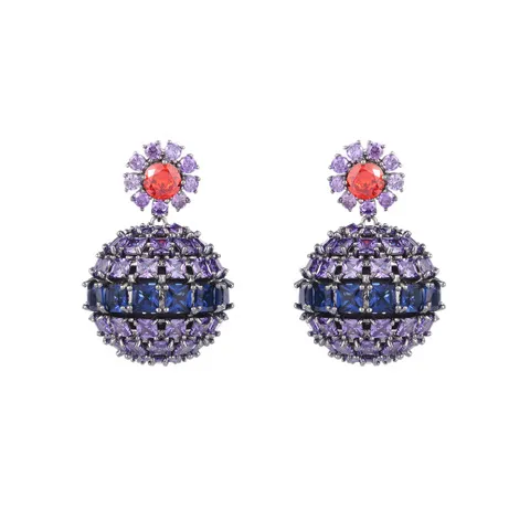 耳环女创意球球夸张气质欧美锆石新款花朵球重工彩色炸耳钉