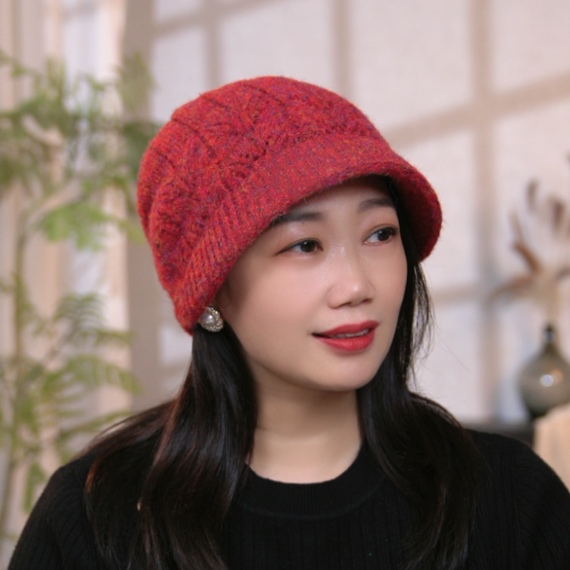 冬季保暖新款针织帽优雅百搭双层毛线帽加厚防风加宽帽檐鸭舌帽女