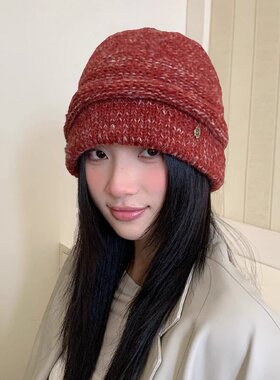 秋冬复古新款毛线帽混色卷边日常百搭针织帽加厚保暖护耳包头帽女