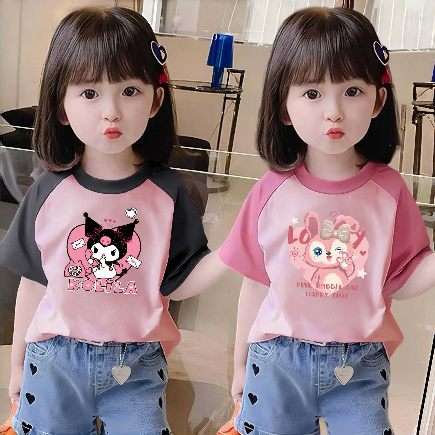 女童短袖纯棉t恤夏季小女孩印花洋气中小童插肩袖韩版宝宝上衣服