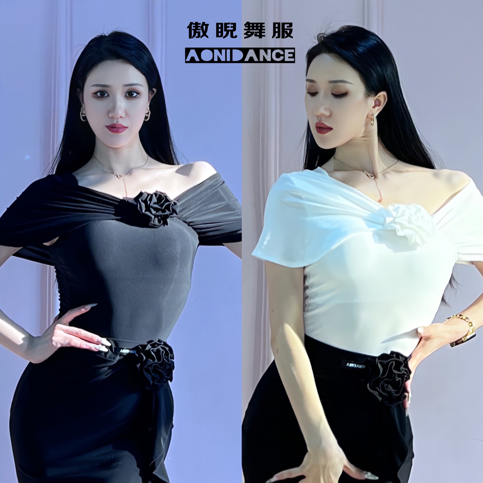傲睨舞服夏新品拉丁舞不规则短袖一字肩斜肩连体操服自带胸垫Q36