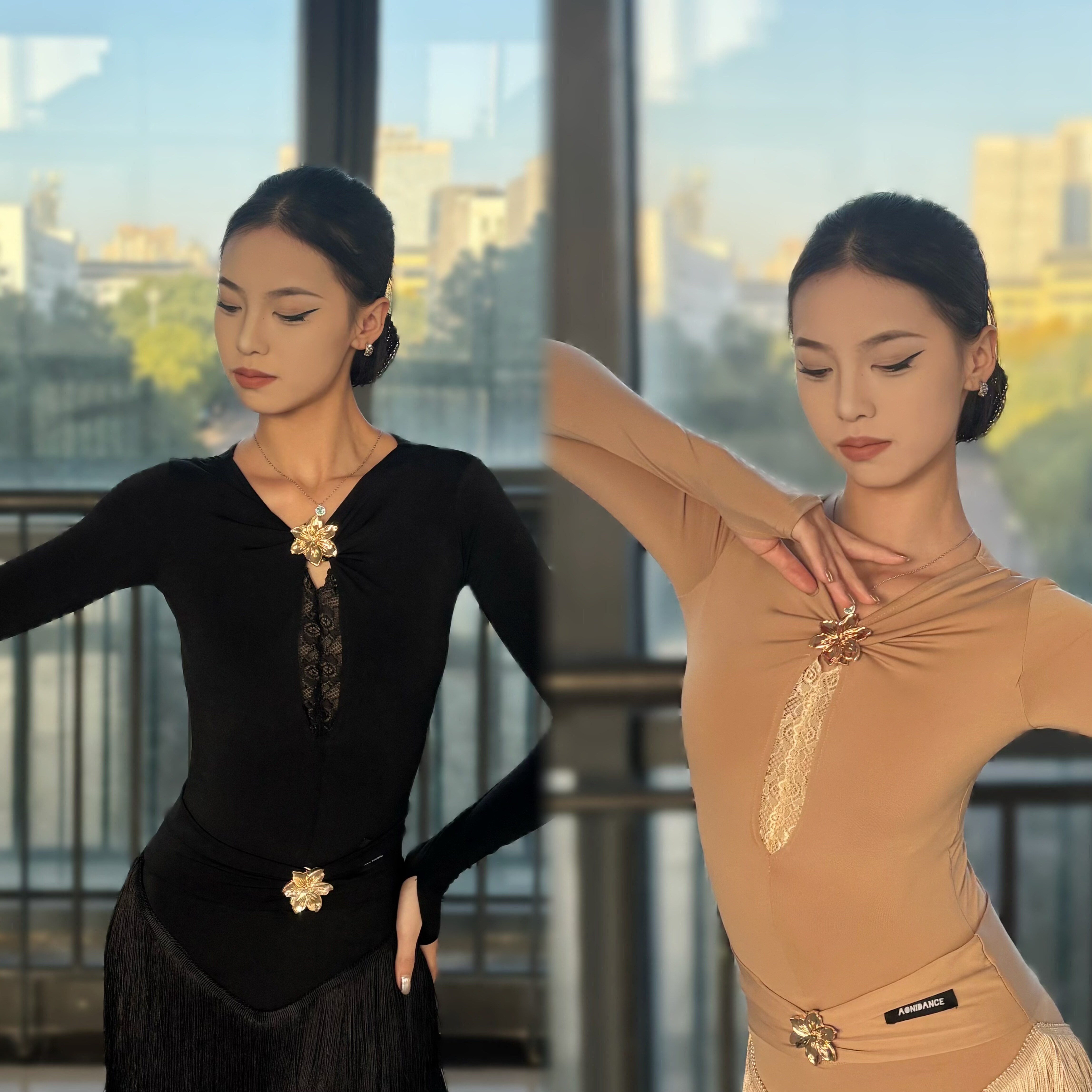 傲睨舞服秋冬拉丁舞服长袖蕾丝金属花长袖连体操服自带胸垫Q101