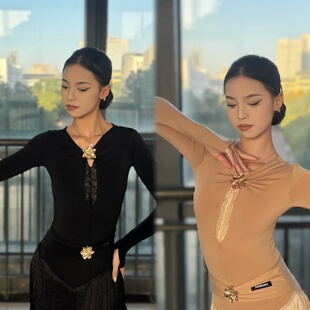 傲睨舞服秋冬拉丁舞服长袖 连体操服自带胸垫Q101 蕾丝金属花长袖