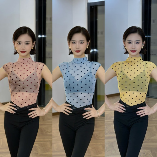 傲睨舞服夏季新品拉丁舞服连肩袖网纱晕染波点连体中领上衣Q116