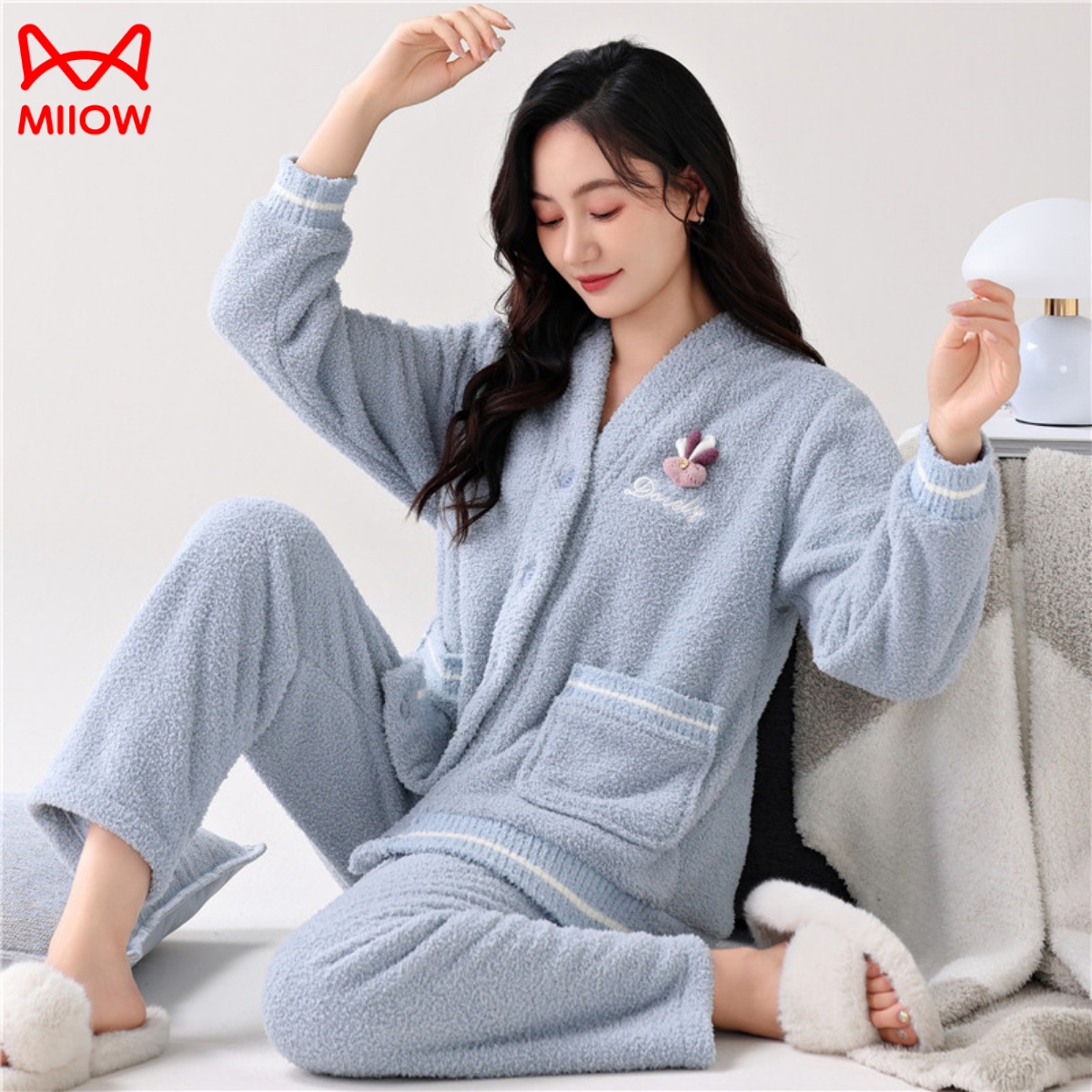 秋冬季猫人加厚保暖半边绒睡衣女