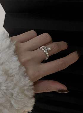 流苏链条珍珠戒指女高级感时尚气质优雅S925银开口转线条食指戒潮