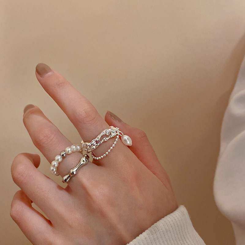 甜酷双层珍珠戒指女时尚气质优雅流苏S925银开口指环几何食指戒潮