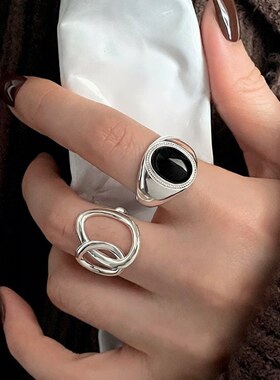 甜酷黑色椭圆戒指女个性嘻哈时尚朋克S925镀银开口指环叠戴食指戒