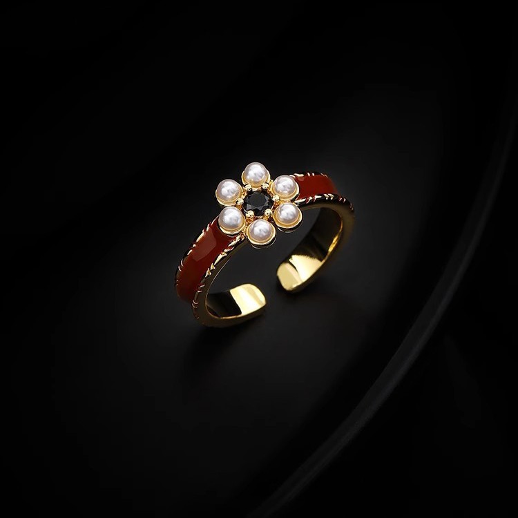 精致滴釉面珍珠戒指女简约时尚气质S925镀银开口指环网红食指戒潮