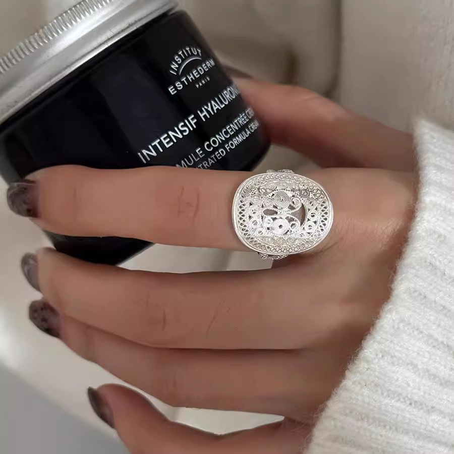 精致镂空纹理戒指女几何圆形个性时尚S925镀银开口指环网红食指戒