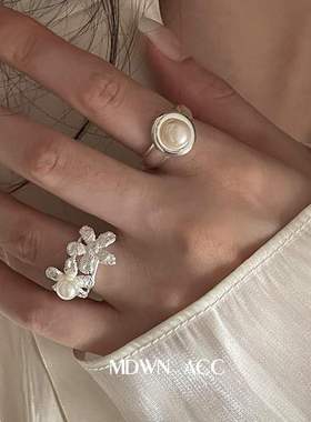 编织花朵珍珠戒指女甜酷时尚个性气质优雅S925银开口指环食指戒潮